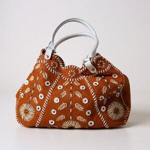 Rafe New York Suede Tote Bag Orange White Floral Boho Embroidered Large Shoulder